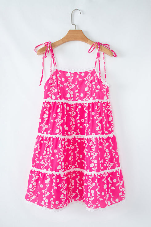 Pink Floral Print Ric Rac Patched Sleeveless Mini Dress